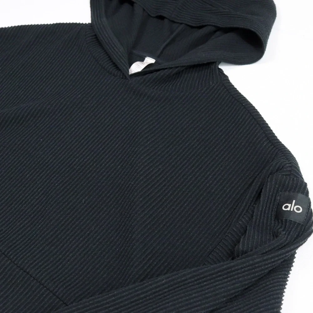 Alo Yoga Muse Hoodie Women Size Medium Black Ribbed Cropped Pullover Sweatshirt